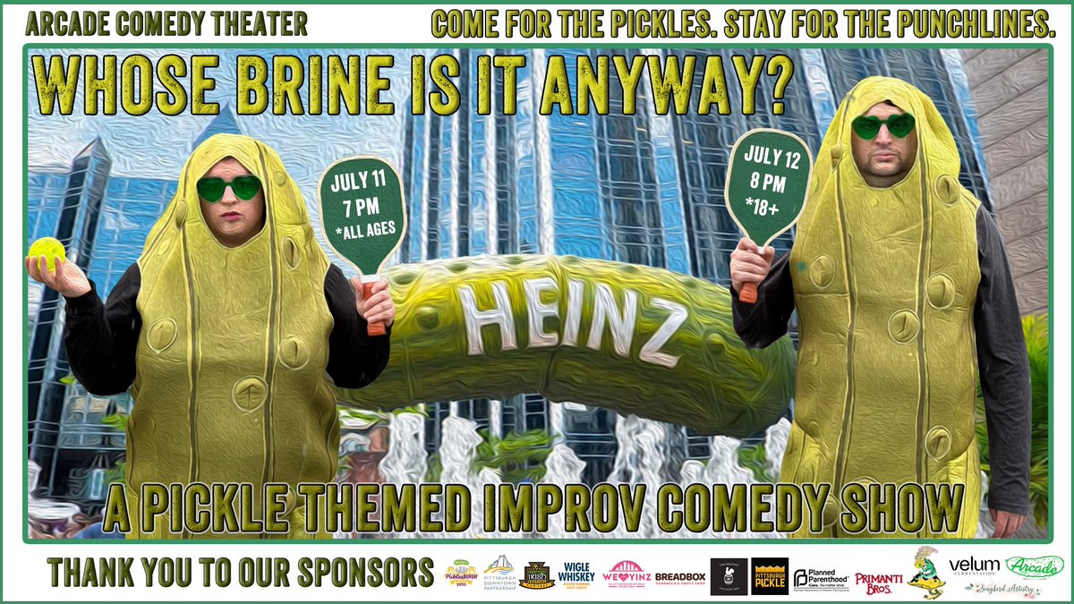 Celebrate Picklesburgh 2025 with “Whose Brine Is It Anyway?”. Watch and laugh as quick-thinking improvisers serve up off-the-cuff scenes that’ll tickle your tastebuds and pickle your funny bone. #picklesburgh2025 
Tickets: showclix.com/event/whose-br…