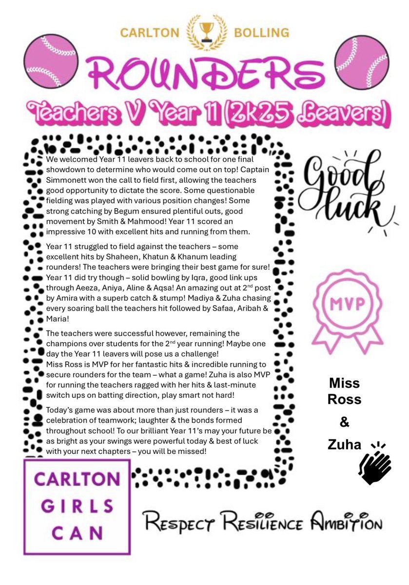 CarltonBolling's tweet photo. From first days to final innings - what a way to round off an era!
Teachers victorious 2nd year running but, so very proud of our rounders Y11 leavers!🌟 #CarltonGirlsCan #ForeverCarlton #lovesport https://t.co/9kiDBeHnU6