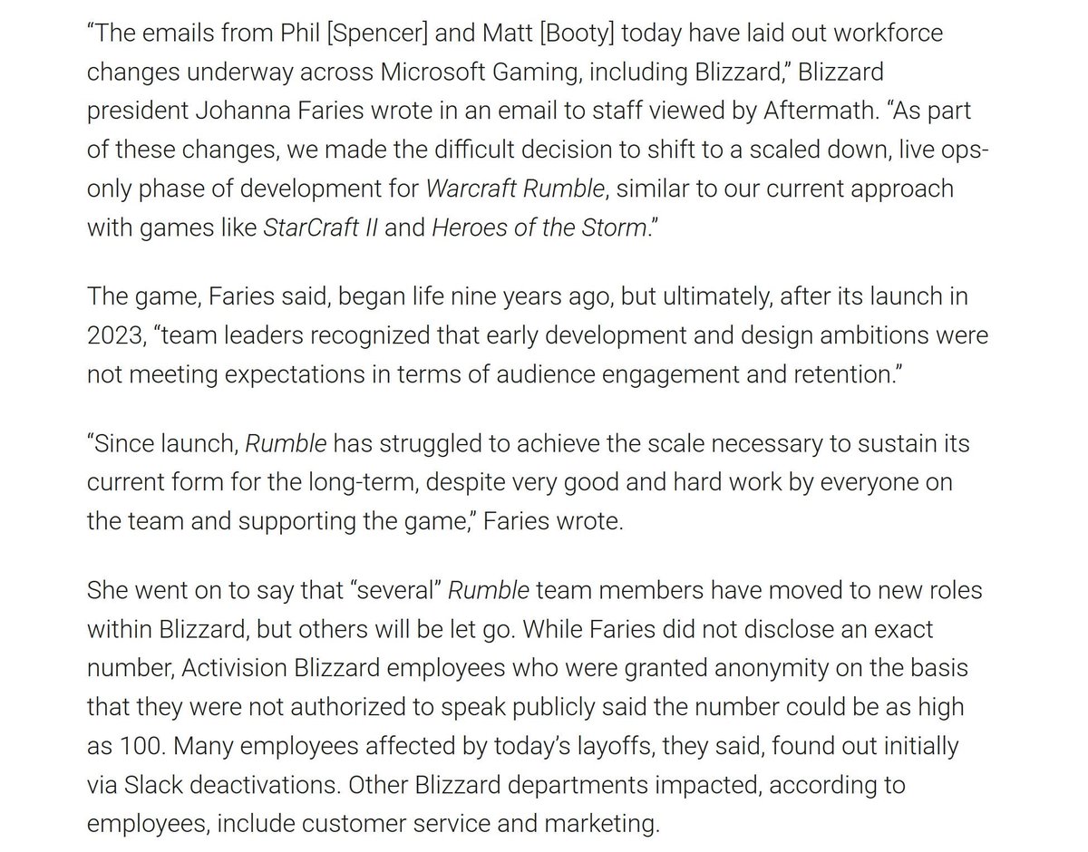 as a result of today's microsoft layoffs, much of warcraft rumble's team is being let go – around 100 employees, some who've spoken to aftermath say – and the game will no longer receive new content. other blizzard departments affected include customer service and marketing