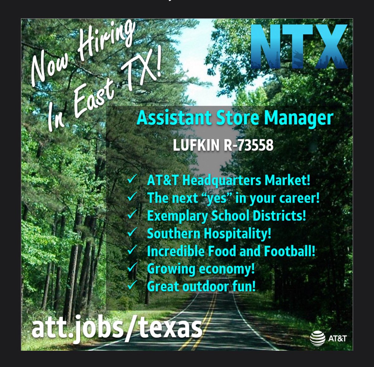 Kendra Ross (@kendradross) on Twitter photo We are looking for our next Assistant Store Manager in Lufkin in East Texas! Don’t delay - apply today! 
⭐️ Competitive Pay
⭐️ Great Benefits 
⭐️ Paid time off
⭐️ Upward Mobility plus many more perks! 
Apply now -> ATT.JOBS/TEXAS Req R-73558 We are looking for our next Assistant Store Manager in Lufkin in East Texas! Don’t delay - apply today! 
⭐️ Competitive Pay
⭐️ Great Benefits 
⭐️ Paid time off
⭐️ Upward Mobility plus many more perks! 
Apply now -> ATT.JOBS/TEXAS Req R-73558