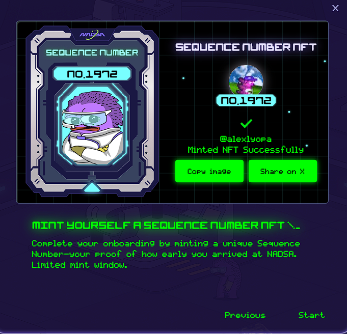 &gt; mint --sequence NFT 
&gt; sequence number minted 
&gt; onboarding complete to One // nadsa.space 
&gt;&gt; welcome to <a href="/0xNADSA/">NADSA</a> 

"In the beginning, there were only a few. The Monadverse is vast, but I was here first.” nadsa.space/api/twitter?im…