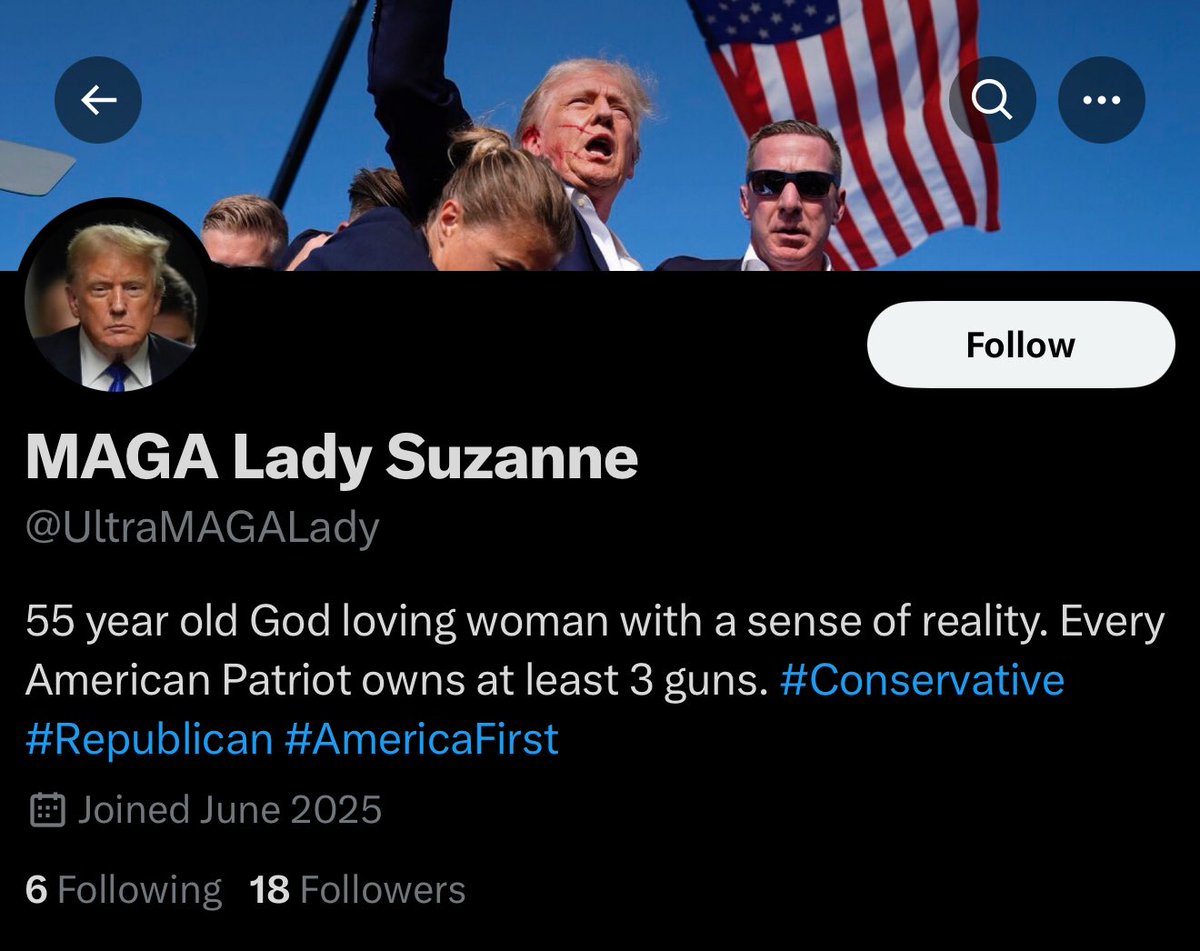 > Joined 1 month ago
> “UltraMAGALady” (couldn’t be less subtle)
> 6 following, 18 followers

I want to say I’m surprised that 20k people saw this and believed it was real, but given the state of things with AI-generated images and videos, I’m not.

Still weird to make this up.