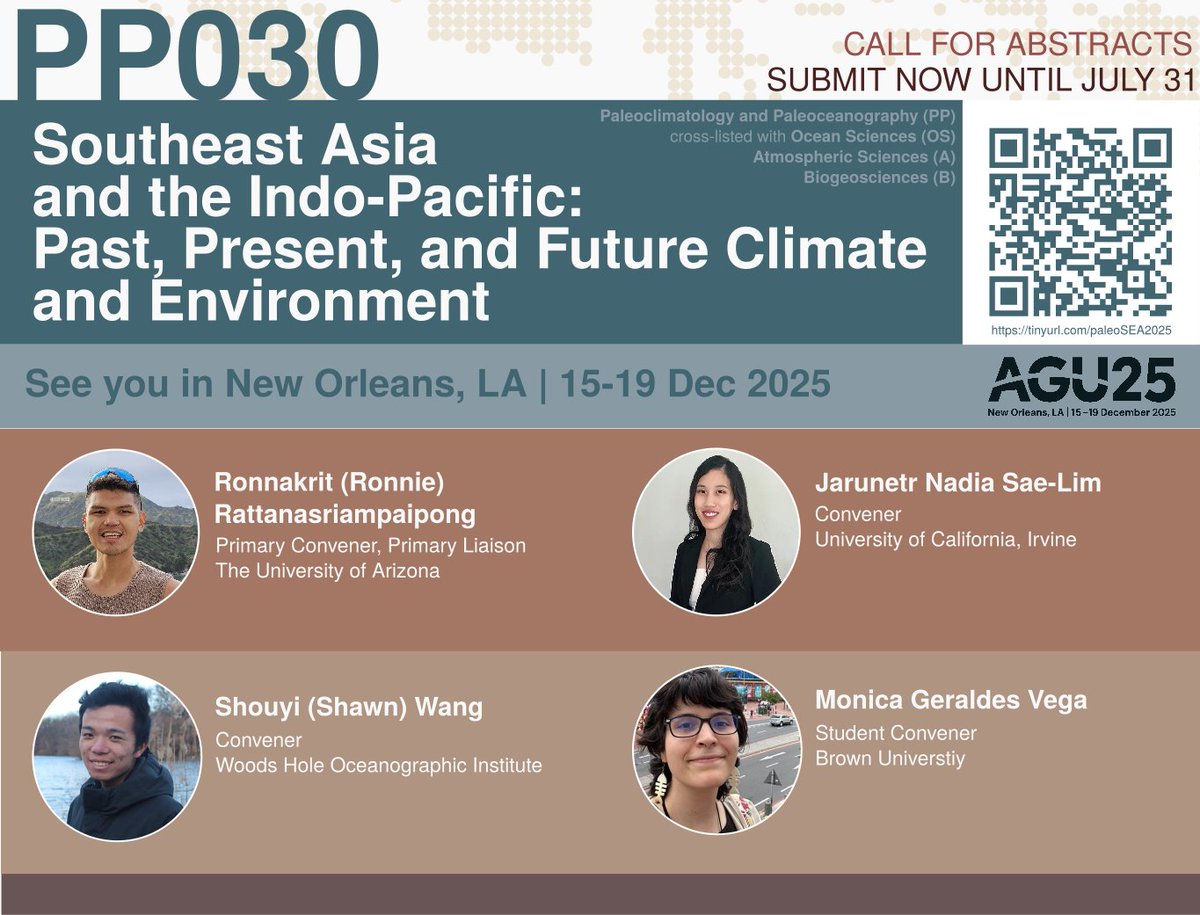 Calling all (paleo)climate thinkers, data wranglers, and storytellers of the Earth system! Join us for our 4th #PaleoSEA PP030 – Southeast Asia and the Indo-Pacific: Past, Present, and Future Climate and Environment at #AGU Fall Meeting 2025 in New Orleans, Louisiana. (1/2)