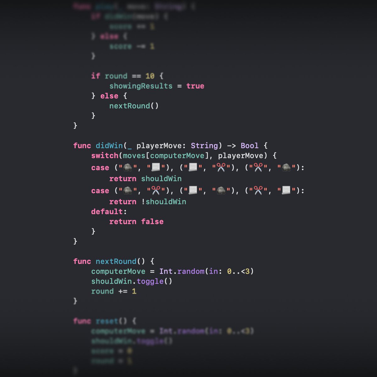 hermanhaidin's tweet image. ☑️ Day 25 of #100DaysOfSwiftUI 

After a busy few days, I dove into a new challenge: building a Rock-Paper-Scissors game!

The biggest puzzle? Creating a function to determine winning moves. 🤔 It took some serious brainpower, but the journey was both fun and challenging.