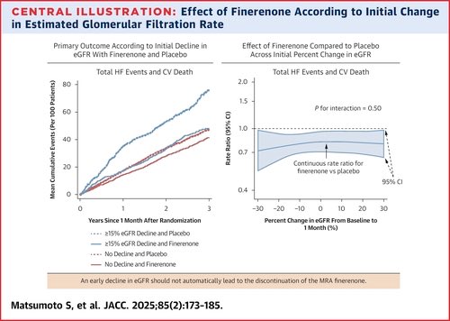 Initial Decline in Glomerular Filtration Rate With Finerenone in HFmrEF/HFpEF: A Prespecified Analysis of FINEARTS-HF

Although an initial decline in eGFR was associated with worse outcomes in patients assigned to placebo, this relationship was not as strong in those treated with