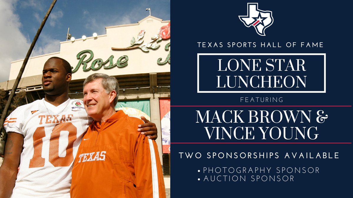 TXSportsHOF's tweet image. 🚨Due to high demand, we’re offering 2 exclusive sponsorships for our sold-out Luncheon with Mack & Vince on 8/19!
📸 Photography Sponsor $2,000
🏈 Auction Sponsor $2,000
Includes premium table for 8, autographed memorabilia, & more!
🔗tshof.org/luncheon
📞254-756-1633