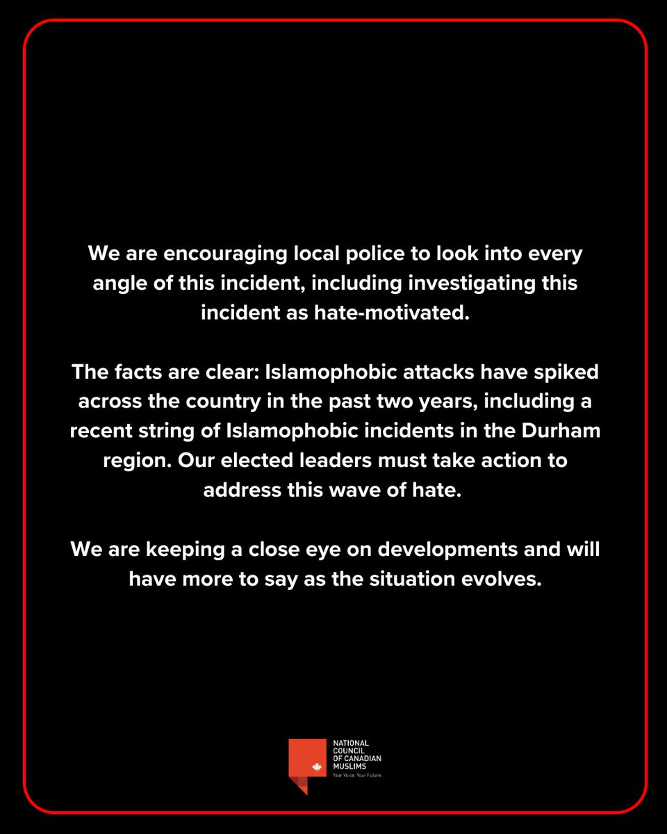 nccm's tweet photo. 1/6. We are utterly appalled and disgusted by the assault today in the early morning on a Muslim woman by a group of attackers in the City of Oshawa area. https://t.co/0FHg3pwQdz