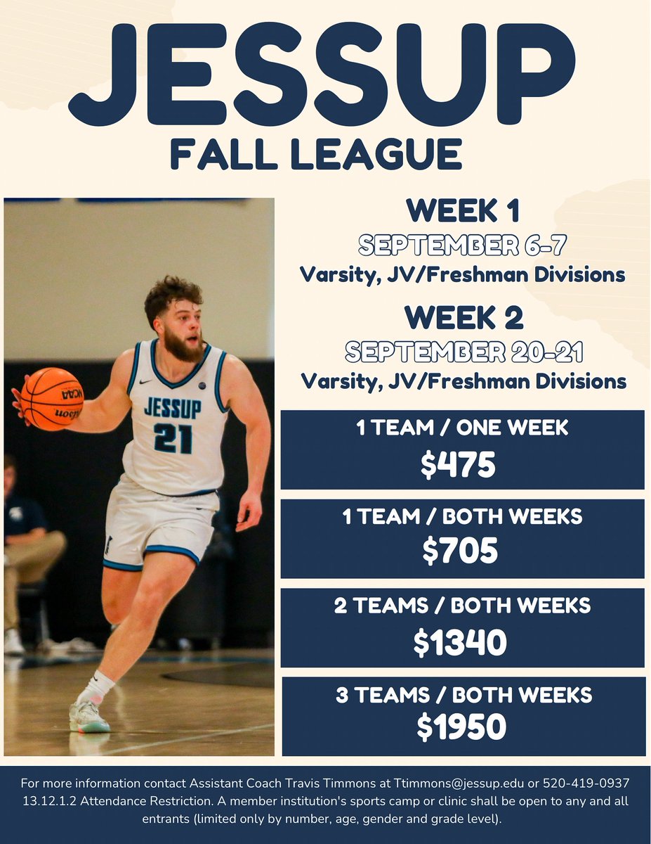 Jessup MBB (@jessup_mbb) on Twitter photo ๐๐ข๐ ๐ ๐ฆ๐๐ข๐ช๐๐๐ฆ๐ ๐ฌ๐ข๐จ๐ฅ ๐ง๐๐๐  ๐ข๐ก ๐๐ข๐ฅ๐ง๐ข๐ก ๐๐ข๐จ๐ฅ๐ง ๐ง๐๐๐ฆ ๐๐๐๐! ๐
Registration for our 2025 Jessup Basketball Fall League is now open. Contact Coach Travis Timmons for more information or to register your team. Limited spots available! ๐๐ข๐ ๐ ๐ฆ๐๐ข๐ช๐๐๐ฆ๐ ๐ฌ๐ข๐จ๐ฅ ๐ง๐๐๐  ๐ข๐ก ๐๐ข๐ฅ๐ง๐ข๐ก ๐๐ข๐จ๐ฅ๐ง ๐ง๐๐๐ฆ ๐๐๐๐! ๐
Registration for our 2025 Jessup Basketball Fall League is now open. Contact Coach Travis Timmons for more information or to register your team. Limited spots available!