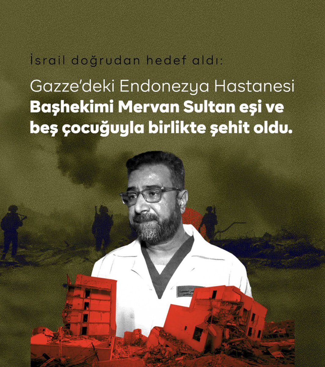 Gazze’de bir başhekim daha eşi ve beş
evladıyla birlikte şehit oldu ve İsrail kuvözdeki bebekleri de katletti.

İsrail yeryüzünün, tüm zaman ve mekânların kanseridir.

￼#EndlessBrutalityInGaza
Gazze’de Bitmeyen Vahşet