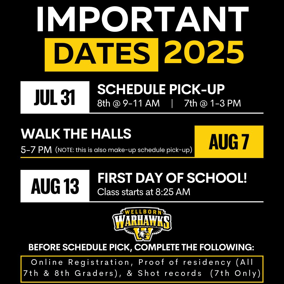 Wellborn MS (@wellborn_ms) on Twitter photo ๐ฃโ๏ธ Back to School is around the corner, Warhawks! Here are the important dates to get you ready:
๐
Jul 31 โ Schedule Pick-up ๐๏ธ
๐
Aug 7 โ Walk the Halls & Make-up Schedule Pick-Up Day ๐ซ ๐ถโโ๏ธ๐ถโโ๏ธ
๐
Aug 13 โ First Day of School ๐๐
Letโs SOAR into the new year! ๐ฆ
#WMSwarhawks ๐ฃโ๏ธ Back to School is around the corner, Warhawks! Here are the important dates to get you ready:
๐
Jul 31 โ Schedule Pick-up ๐๏ธ
๐
Aug 7 โ Walk the Halls & Make-up Schedule Pick-Up Day ๐ซ ๐ถโโ๏ธ๐ถโโ๏ธ
๐
Aug 13 โ First Day of School ๐๐
Letโs SOAR into the new year! ๐ฆ
#WMSwarhawks