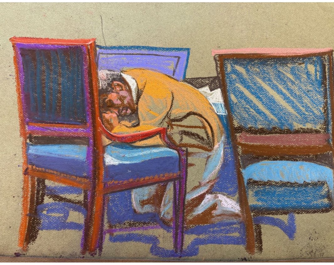 A court sketch of Sean Diddy Combs, kneeling and head bowed, after hearing the verdict.