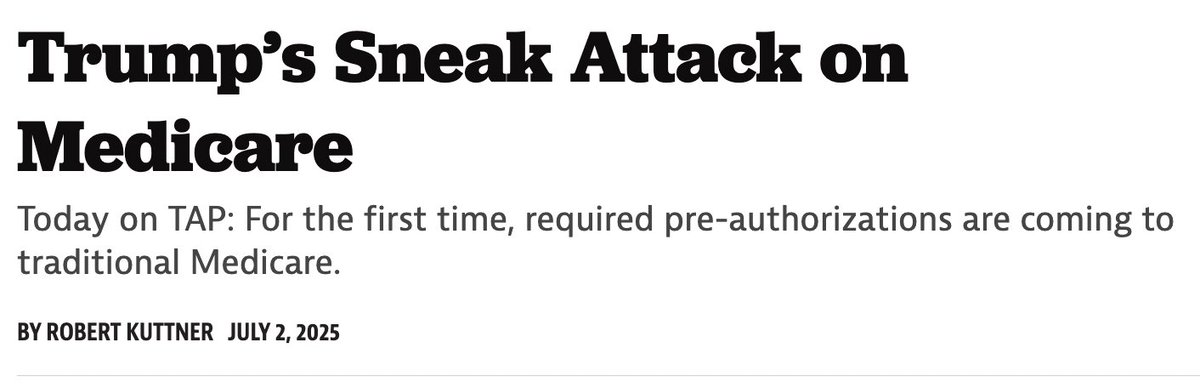 David Dayen (@ddayen) on Twitter photo The Trump administration is starting to add prior authorization to traditional Medicare and almost nobody noticed.
We did.
Here's <a href="/rkuttnerwrites/">Robert Kuttner</a> with the story: The Trump administration is starting to add prior authorization to traditional Medicare and almost nobody noticed.
We did.
Here's <a href="/rkuttnerwrites/">Robert Kuttner</a> with the story:
