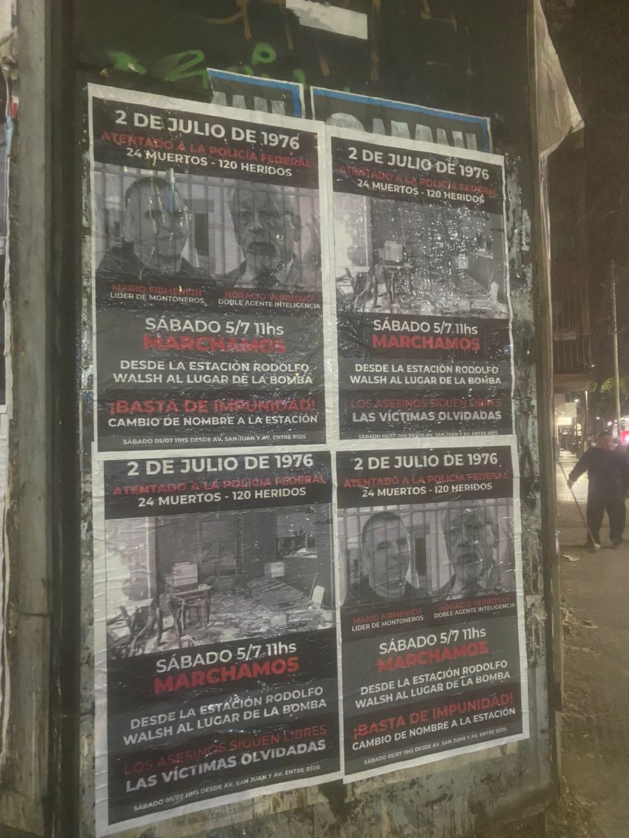 Pegatina de anoche organizada por nuestras huestes, invitando a la marcha del sábado en conmemoración de las víctimas de la bomba en el comedor de Superintendencia de Coordinación Federal