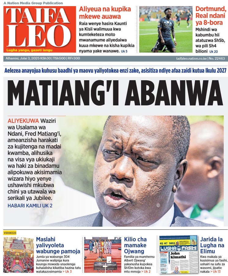 Matiang'i abanwa.

#77NiNumbers #KELondonFocus
Space X Keir Starmer The DCI Juventus Happy New Month Al Hilal Chelsea Madueke Trent Real Madrid Gachagua Kepa Islamic Supreme Court Ederson Kamakis FEMA Alaska Chuck Spare Dawn The American USAID Senator Medicaid
