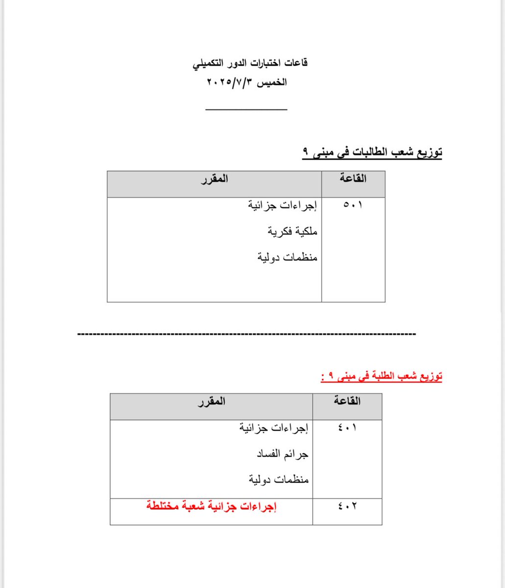 توزيع قاعات اختبار يوم الخميس