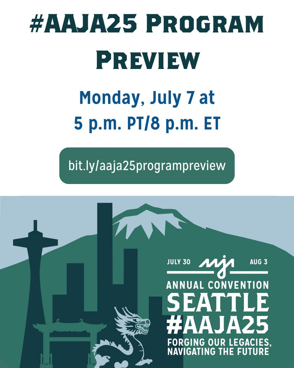 aaja's tweet image. Get ready to join us in Seattle!
Want to get an inside look at the #AAJA25 program and what to expect this year? Join our upcoming information session to hear directly from our Convention Programming Committee. Register here: bit.ly/aaja25programp…