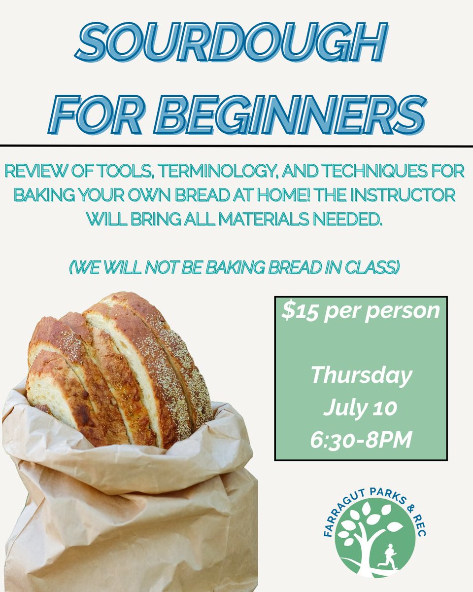 FarragutParks's tweet photo. Learn tools, terms, and techniques to bake your own bread at home — no baking in class, just hands-on guidance and tips.

Thursday, July 10
6:30–8:00 PM
$15 Per Person
Farragut Community Center

Register here: https://t.co/NlZz7Oj1BP https://t.co/c8VCjri0xx