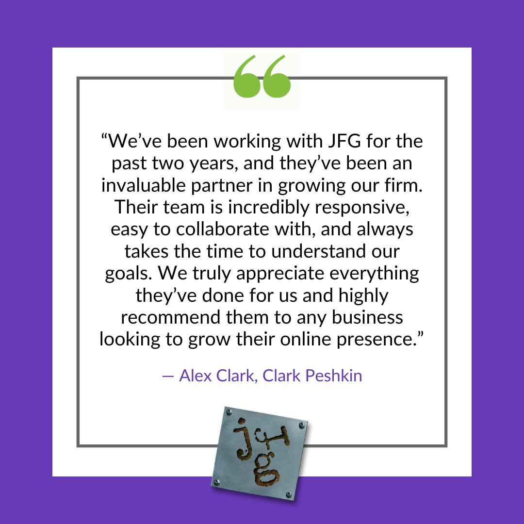 🌟 Client Testimonial Spotlight 🌟
We love what we do, but hearing it from clients is even better! Here’s what Alex Clark, Director of Marketing &amp; PR at <a href="/WCPLawyers/">Clark Peshkin</a>, had to say about working with us.

Thank you to our amazing clients! #MarketingResults #DigitalMarketing #JFG