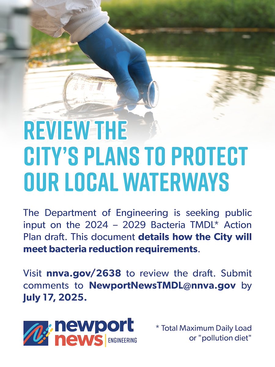 City of Newport News (@cityofnn) on Twitter photo 💧 Cleaner waterways start with your voice. The City of Newport News is accepting public comments on its Draft 2024–2029 Bacteria TMDL Action Plan until July 17.
📩 Email: NewportNewsTMDL@nnva.gov
🔗 Learn more: loom.ly/Ad_UYkE 💧 Cleaner waterways start with your voice. The City of Newport News is accepting public comments on its Draft 2024–2029 Bacteria TMDL Action Plan until July 17.
📩 Email: NewportNewsTMDL@nnva.gov
🔗 Learn more: loom.ly/Ad_UYkE