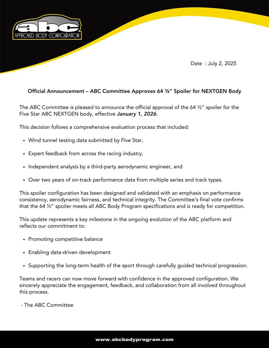 Julian_Austin24's tweet image. The new 64 1/2 inch wide spoiler for the Five Star ABC NEXTGEN body has been approved for competition effective Jan 1st. That’s an increase from the current 60 inch.