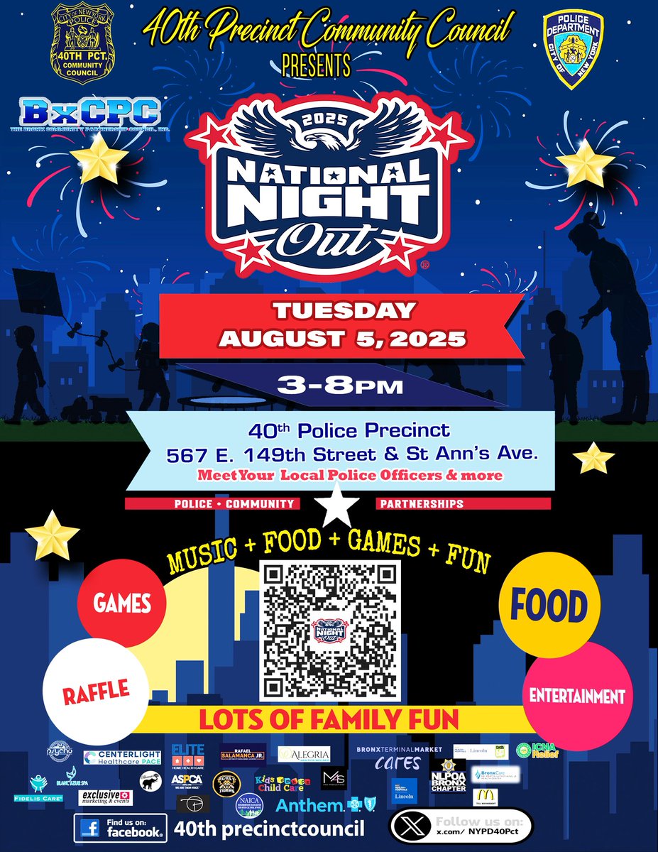 🎉✨ SAVE THE DATE! ✨🎉
Join us for National Night Out 2025 — an evening of community, connection, and family fun!

📍 40th Police Precinct — 567 E. 149th Street &amp; St. Ann’s Ave.
Meet your local police officers, neighbors, and community partners. Enjoy music, food, games