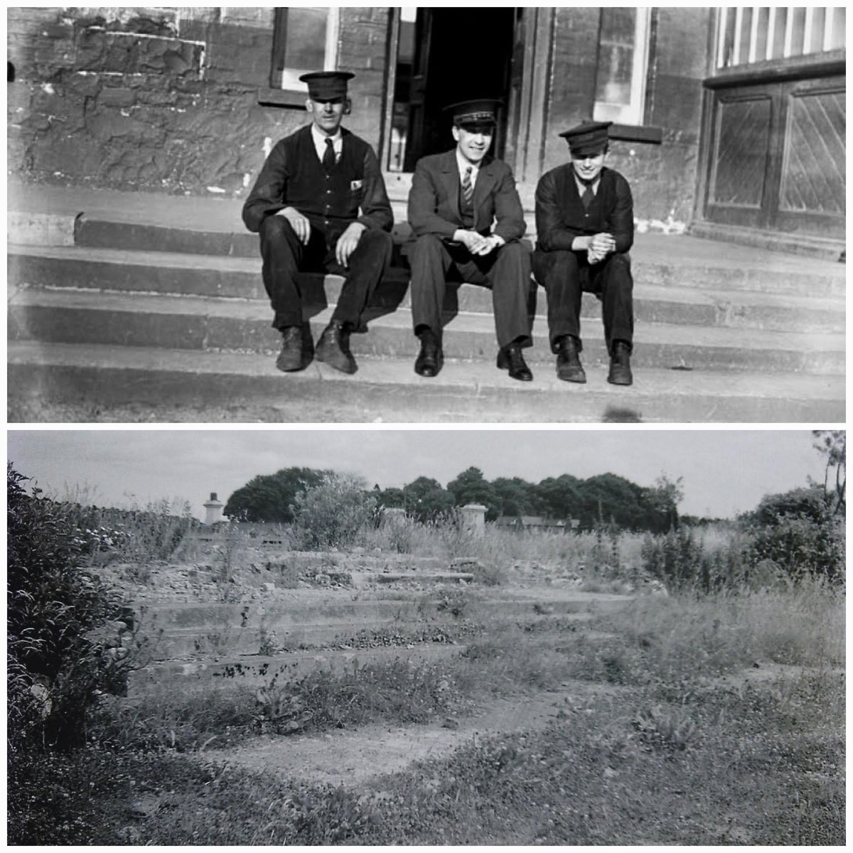 Belfast &amp; County Down Railway station staff, Andy Magowan, Alex Neill and Jim Minnis at Comber -  1932. Same location, 1960s following demolition.