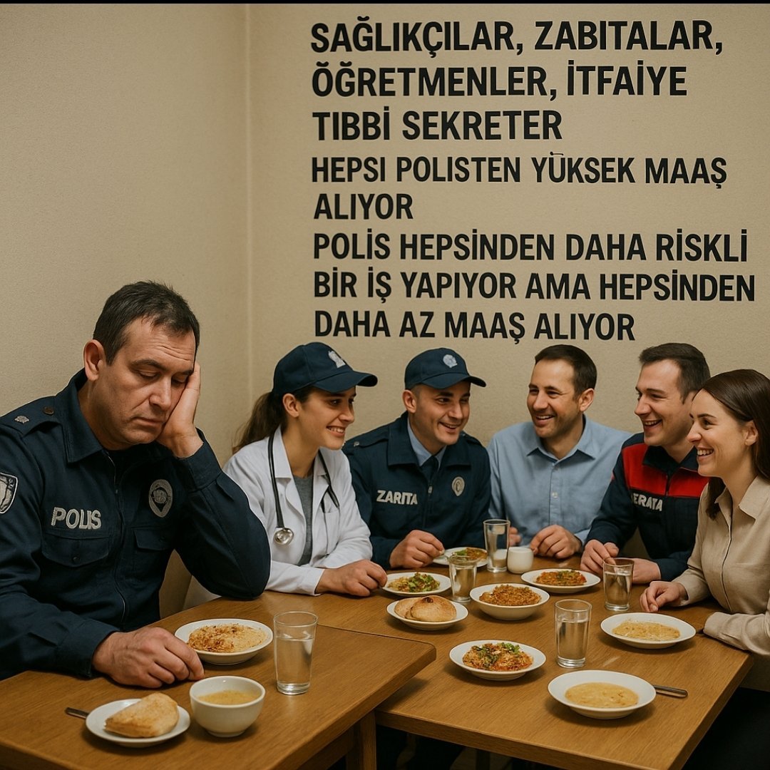 Bir öğretmen ek ders alır.
Bir sağlıkçı teşvik primi.
Bir zabıta sosyal denge, maktu mesai, performans, ikramiye...

Bir polis?
Sadece risk, sadece ek görev, sadece baskı, sadece nöbet!

#PoliseNedenHaram