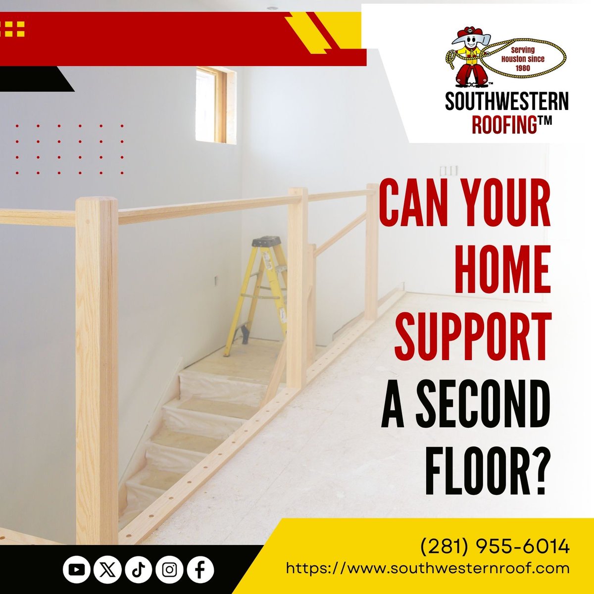 swroofing_tm's tweet image. 📐 A second-story addition can add space and value—but not all homes are ready for that kind of upgrade. Know what to check before you build… 👉 Visit southwesternroof.com and call us for a free quote at (281) 955-6014! #RoomAdditions #HomeExpansionTips #SouthwesternRoofing