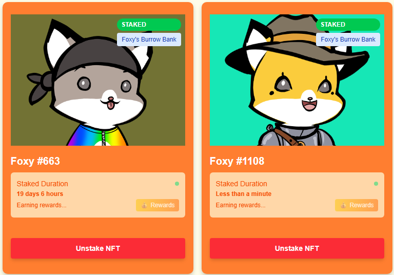 Just bought and staked my new <a href="/foxyfam_/">FoxyFam 🦊</a> in the Foxy Burrow Bank. Did you know <a href="/dawnoftheduck/">Dawn of The Duck</a> can be staked there too? All at stake.foxyfam.io