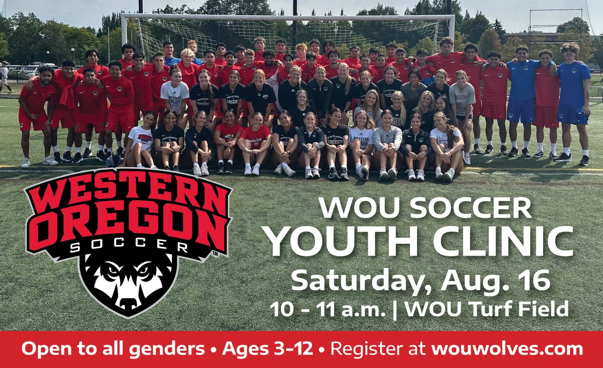 WOU_Wolves's tweet image. Get ready for some college-level FREE fun...

The Wolves men&apos;s and women&apos;s soccer teams are hosting a FREE joint youth clinic on Sat., Aug. 16 from 10 - 11 a.m. Learn more and register at wouwolves.com/socceryouthcli…