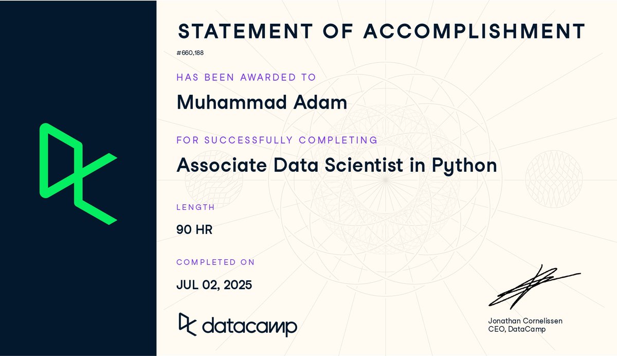 M0hammadAI's tweet image. I’ve just completed the Associate Data Scientist  Career Track on DataCamp! 🚀

It was quick, interactive, and fun! Discover which of the 500+ data and AI courses can help you build a stronger career.

 datacamp.com/completed/stat… #DataCamp via @DataCamp