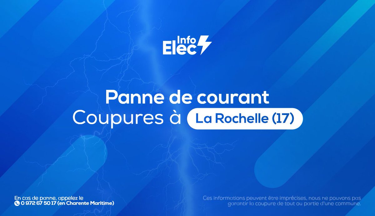 InfoElecLR's tweet photo. 🔴Panne d'électricité importante en cours à #LaRochelle notamment dans les quartiers du centre ville.

Les techniciens Enedis sont à pied d'oeuvre pour rétablir l'alimentation.

#PanneDeCourant #Electricite https://t.co/KPT9Px0hg9