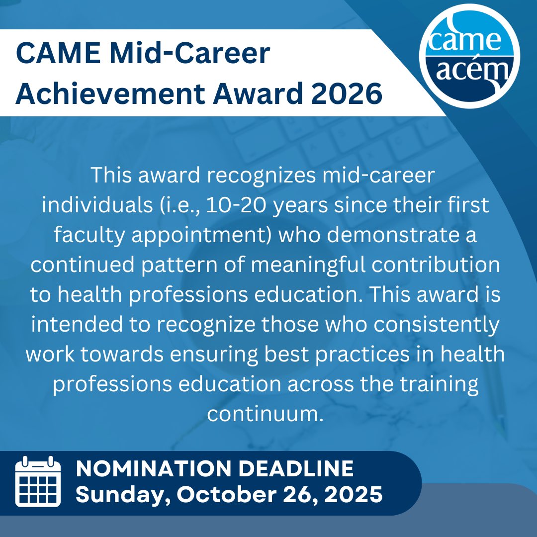 Nominations are now open for our 2026  Awards!

Don’t miss this opportunity to shine a light on those who inspire, lead, and elevate our community.

Mid-Career Achievement Award: 
came-acem.ca/awards/came-mi…