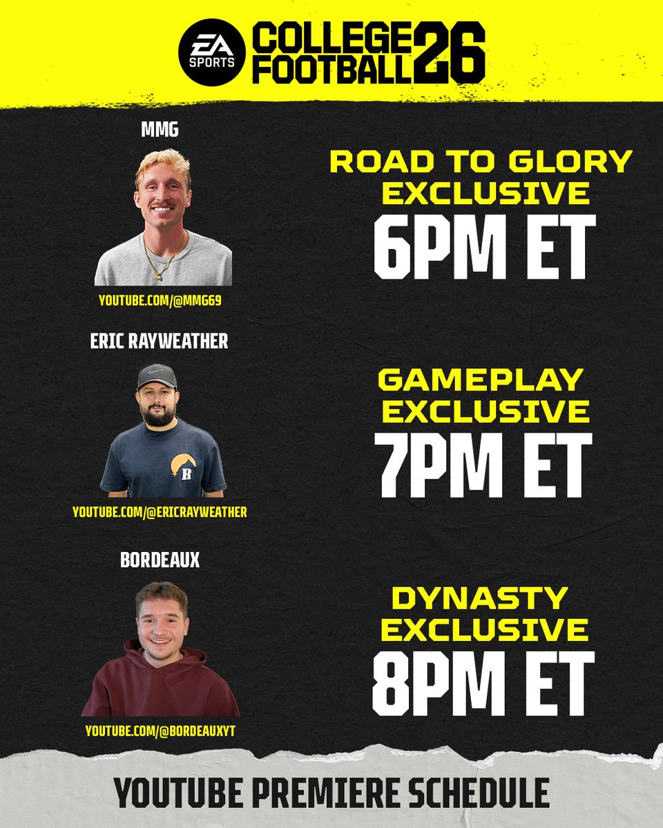 EASPORTSCollege's tweet photo. As you wait for WWL, get an exclusive look at #CFB26 tonight with your favorite creators. 

🎮 @PapaMeagzz at 6pm ET
🎮 @EricRayweather at 7pm ET
🎮 @bordeauxyoutube at 8pm ET

Available 7/10. Pre-Order Today.
🔗 :  https://t.co/RPX7WFuP8g https://t.co/TtwyH683zz