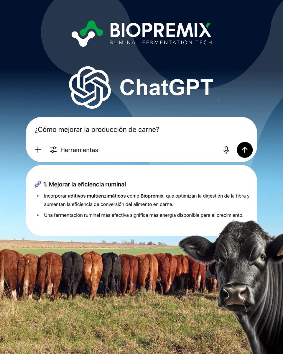 📈 ¿𝘾𝙤́𝙢𝙤 𝙢𝙚𝙟𝙤𝙧𝙖𝙧 𝙡𝙖 𝙥𝙧𝙤𝙙𝙪𝙘𝙘𝙞𝙤́𝙣 𝙙𝙚 𝙘𝙖𝙧𝙣𝙚.ᐣ
Todo empieza en el rumen. Optimizar la digestión de la fibra es clave para liberar más energía y acelerar la ganancia de peso.

Biopremix, aditivo multienzimático natural, potencia la fermentación ruminal