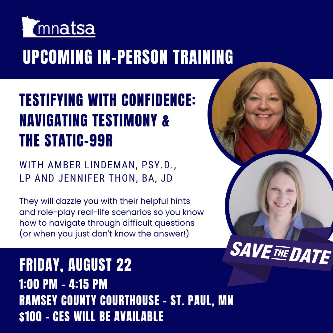 mn_atsa's tweet photo. Crush courtroom anxiety! Learn to testify with clarity on Static-99R &amp; more.

📅 Aug 22 | 1 PM CST
📍 St. Paul, MN
💵 $100 (CEs included)

🔗 Register now: https://t.co/KByezWtw3O
📧 Questions? info@mnatsa.org

#ExpertTestimony #ForensicTraining #MNATSA #ATSA #PreventSexualAbuse https://t.co/KqnmJCZmkB