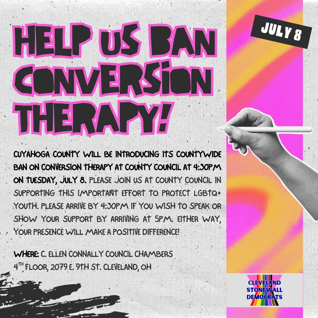 Cuyahoga County will be introducing its countywide ban on conversion therapy at County Council at 4:30pm on Tuesday, July 8. Please join us at County Council in supporting this important effort to protect LGBTQ+ Youth!

See you there!