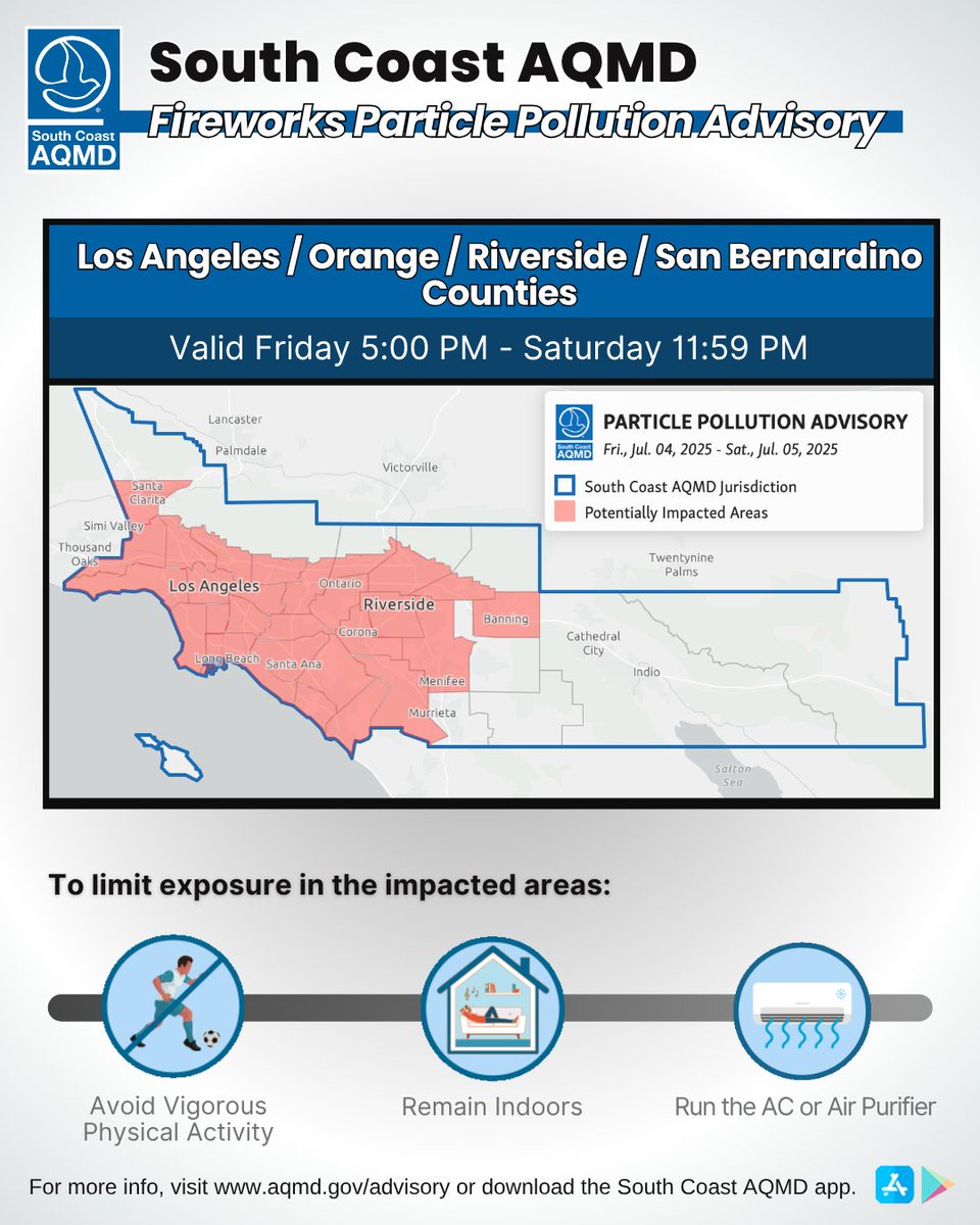 #FIREWORKS PARTICLE POLLUTION ADVISORY (July 4-5):
Poor air quality due to #IndependenceDay fireworks is likely this #FourthofJuly holiday. Personal “backyard” fireworks also contribute to this air pollution and may lead to negative health effects: aqmd.gov/advisory