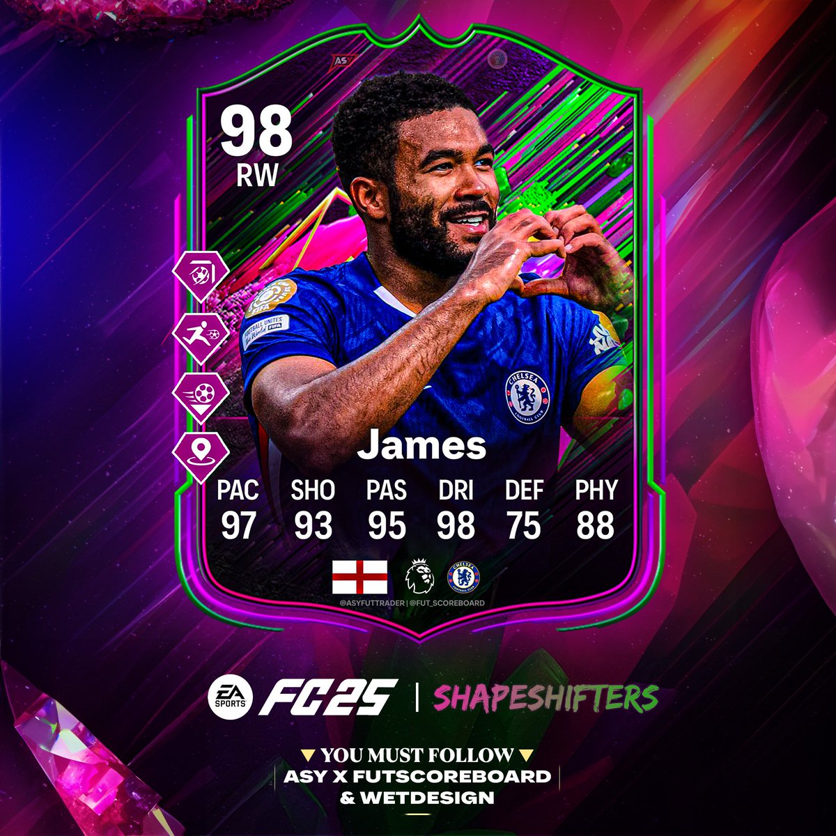 🚨 REECE JAMES 🏴󠁧󠁢󠁥󠁮󠁧󠁿 SHAPESHIFTERS OFFICIAL CARD ✅️🔥

RW 🤯
OFFICIAL STATS &amp; PS+ ✅️