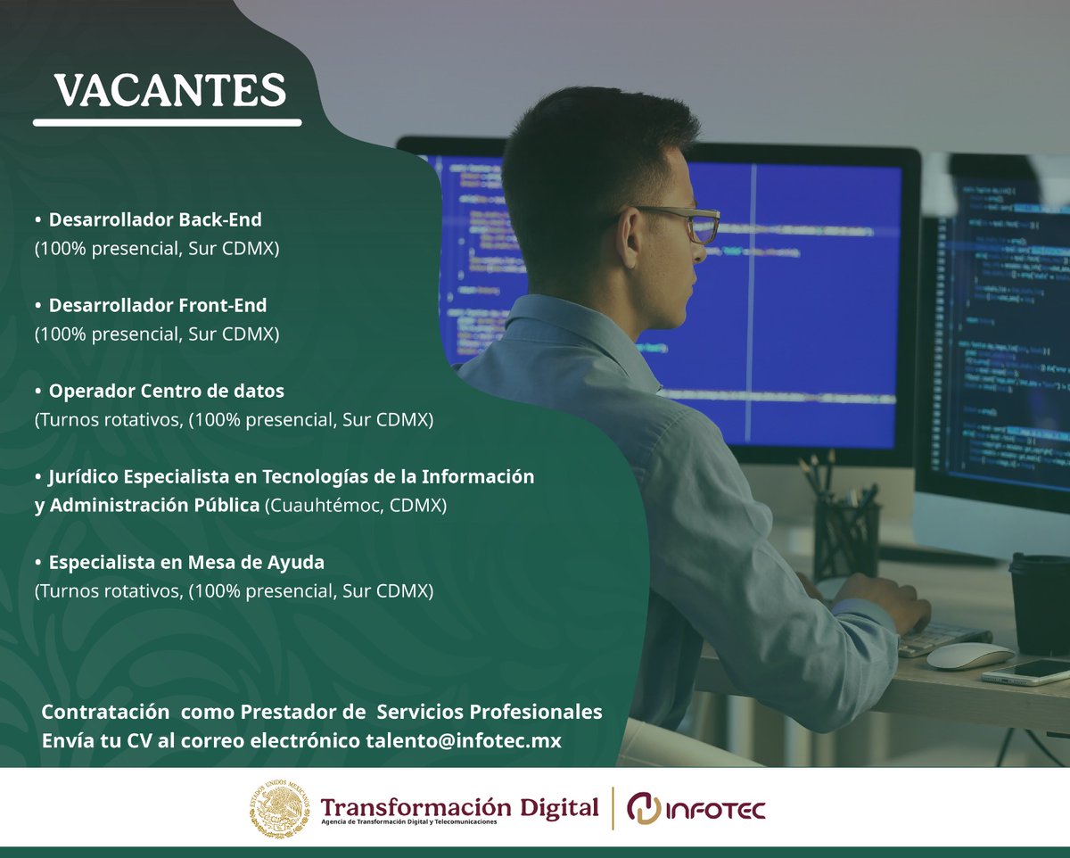 INFOTEC (@infotecmexico) on Twitter photo Estamos en búsqueda de talento.
Si tienes interés en colaborar con una institución comprometida con la transformación digital del país, te estamos buscando.
Envía tu CV al correo electrónico talento@infotec.mx Estamos en búsqueda de talento.
Si tienes interés en colaborar con una institución comprometida con la transformación digital del país, te estamos buscando.
Envía tu CV al correo electrónico talento@infotec.mx