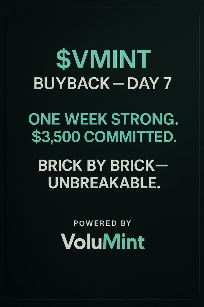 VoluMint's tweet photo. 1 week.
7 days.
$3,500 of $VMINT and zero hesitation.
๐งฑ Brick by brick โ weโre building something unshakable.
https://t.co/qFoXrjt2p5
#VMINT #VoluMint #BuyBack #OneWeekStrong https://t.co/i41n3XgdB8