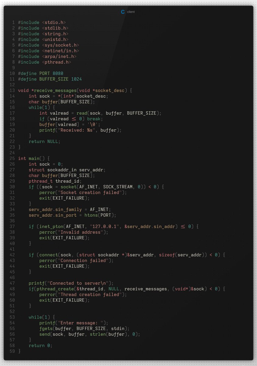 TrisH0x2A's tweet photo. Built a minimal chat server in C

- multi-client support (up to 10 users)
- real-time message broadcasting
- clean socket programming with select()
- threaded client for async messaging

perfect for learning network programming! https://t.co/xxGESa6Ye6