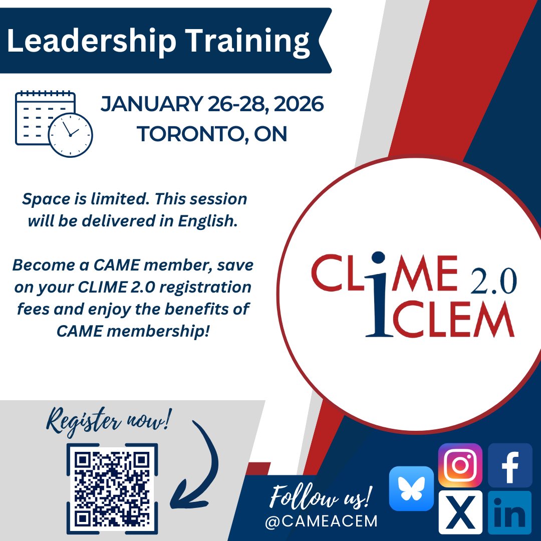Our CLIME 2.0 program is running January 26-28, 2026 in Toronto! You do not want to miss out on this exciting medical education leadership delivery. For more information please scan the QR code or click here: came-acem.ca/professional-d…
 
#MedEd #Leadership