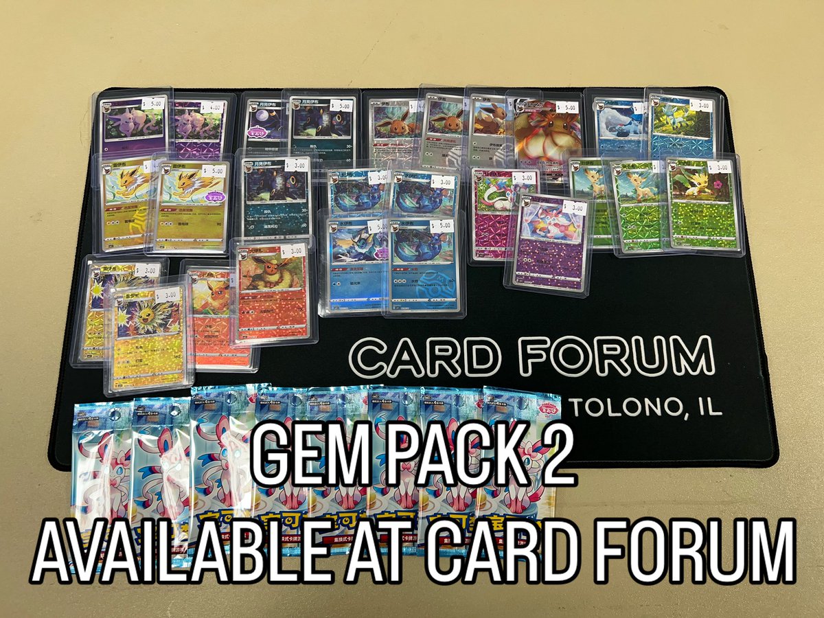 GEM PACK VOL 2 is now available at Card Forum! We have Booster Packs and Booster Boxes while supplies last, running out quickly - we have singles for Eevee collectors to add to their collection featuring unique foils and masterball + GEM pack foils you can’t find in other packs
