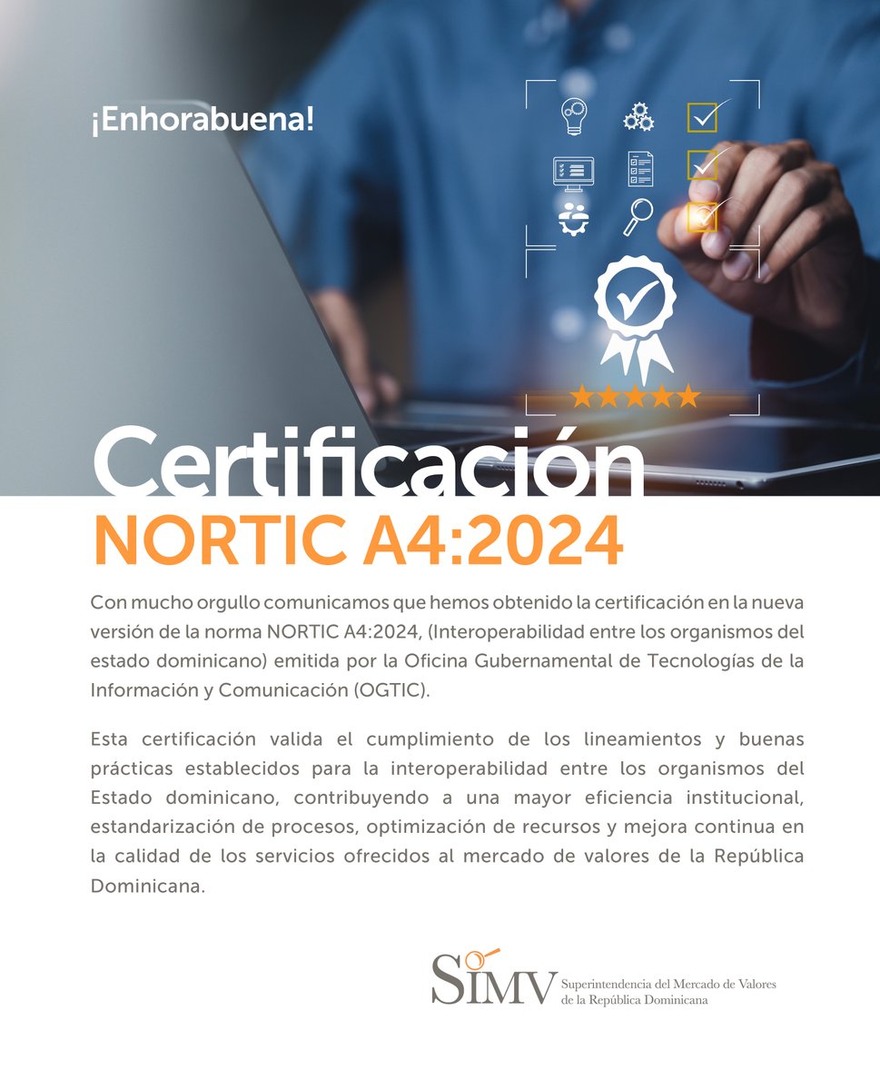 SIMVRDO's tweet image. ¡Enhorabuena!

Una muestra más de nuestro compromiso con fortalecer nuestra confianza institucional. Este logro consolida nuestra responsabilidad con la calidad de los servicio y la mejora continua!.

#SIMV #NorticA4 #CertificaciónOGTIC