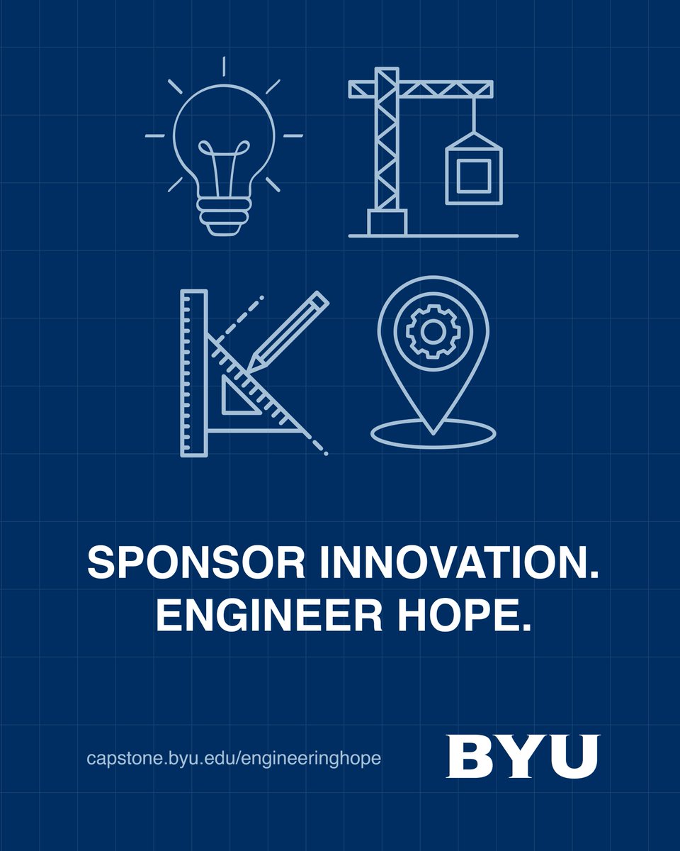 byuengineering's tweet photo. Sponsor Innovation. Engineer Hope.
To celebrate BYU’s 150th, 150 capstone students will design real-world solutions to global humanitarian challenges. You can help make one possible!
Click here to learn more about becoming a sponsor: https://t.co/agrCcikTR6
#BYUEngineering https://t.co/DzFt9k1YsG