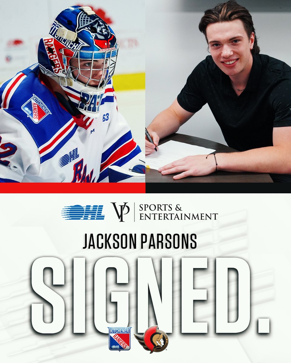 Ontario Hockey League (@ohlhockey) on Twitter photo The <a href="/Senators/">Ottawa Senators</a> have signed #OHL Goaltender of the Year Jackson Parsons of the <a href="/OHLRangers/">Kitchener Rangers</a> to a three-year entry-level #NHL contract!
READ ✍️: tinyurl.com/mr45s7fr The <a href="/Senators/">Ottawa Senators</a> have signed #OHL Goaltender of the Year Jackson Parsons of the <a href="/OHLRangers/">Kitchener Rangers</a> to a three-year entry-level #NHL contract!
READ ✍️: tinyurl.com/mr45s7fr