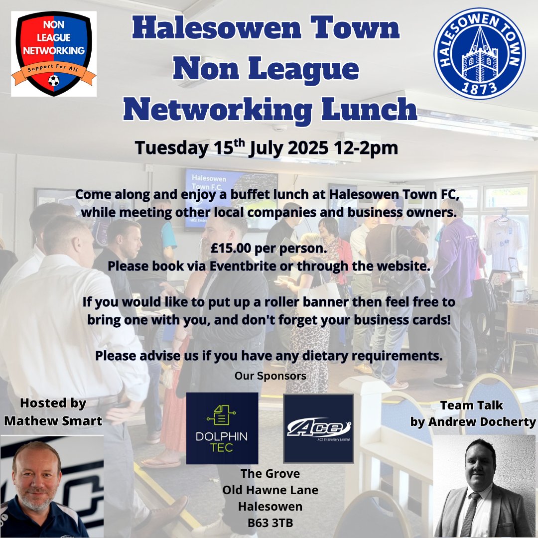 Non League Networking @ The Yetz - Tuesday July 15th 2025. Join other business owners and professionals over a buffet lunch for some informal networking and chat. 
£15 per person. Please book via Eventbrite or throught the website.
BOOK HERE - shorturl.at/XAQ4P