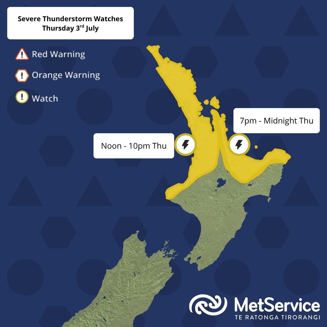 ⚠️Risk of Downpours in the Severe Thunderstorm Watches⚠️

👀Two Severe Thunderstorm Watches have been issued with the risk of 25-40mm/hr in localised areas.

🔔Turn on those notifications in the MetService app to be notified of any Thunderstorm Warnings in your area.