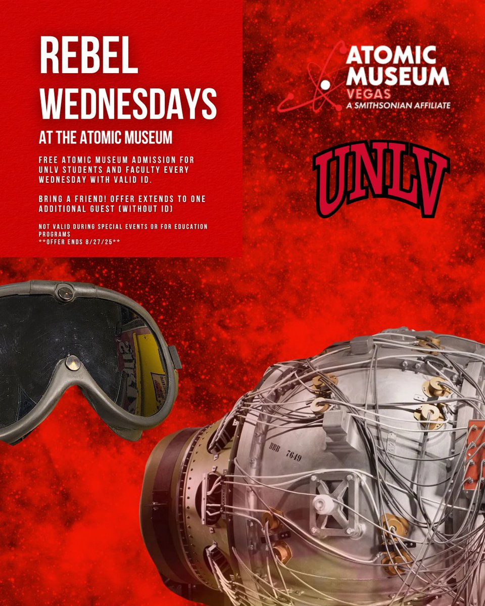AtomicMuseum's tweet image. Did you know UNLV students and faculty get FREE admission to the Atomic Museum every Wednesday now through August 27, 2025? Bring a guest and explore decades of atomic history, groundbreaking tech, and our newest exhibit, Atomic Odyssey. 

atomicmuseum.vegas for more